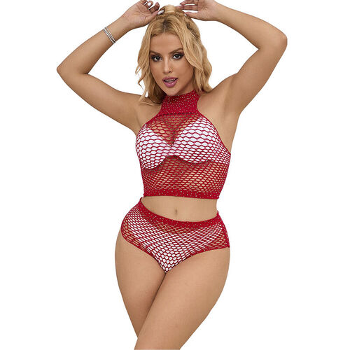 SUBBLIME - 952402 BODYSTOCKING CONJUNTO DE REJILLA CON BRILLANTES ROJO TALLA ÚNICA
