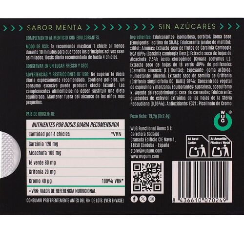 WUG diet - El chicle funcional sin azúcar con sabor menta BLISTER 8 UDS