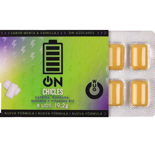 WUG on – El chicle funcional con cafeína y guaraná sabor menta & vainilla BLISTER 8 UDS