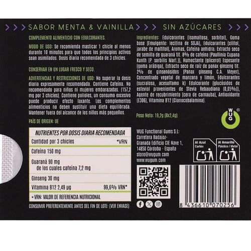 WUG on – El chicle funcional con cafeína y guaraná sabor menta & vainilla BLISTER 8 UDS