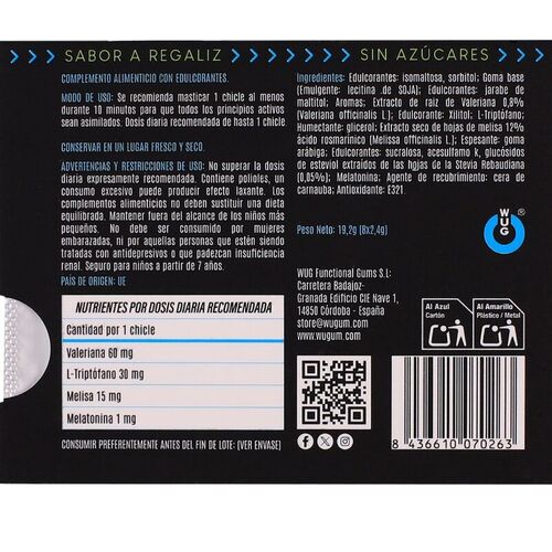 WUG off - El chicle funcional con melatonina y valeriana sabor regaliz BLISTER 8 UDS