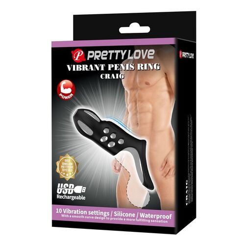 PRETTY LOVE - CRAIG ANILLO PARA PENE VIBRADOR RECARGABLE NEGRO